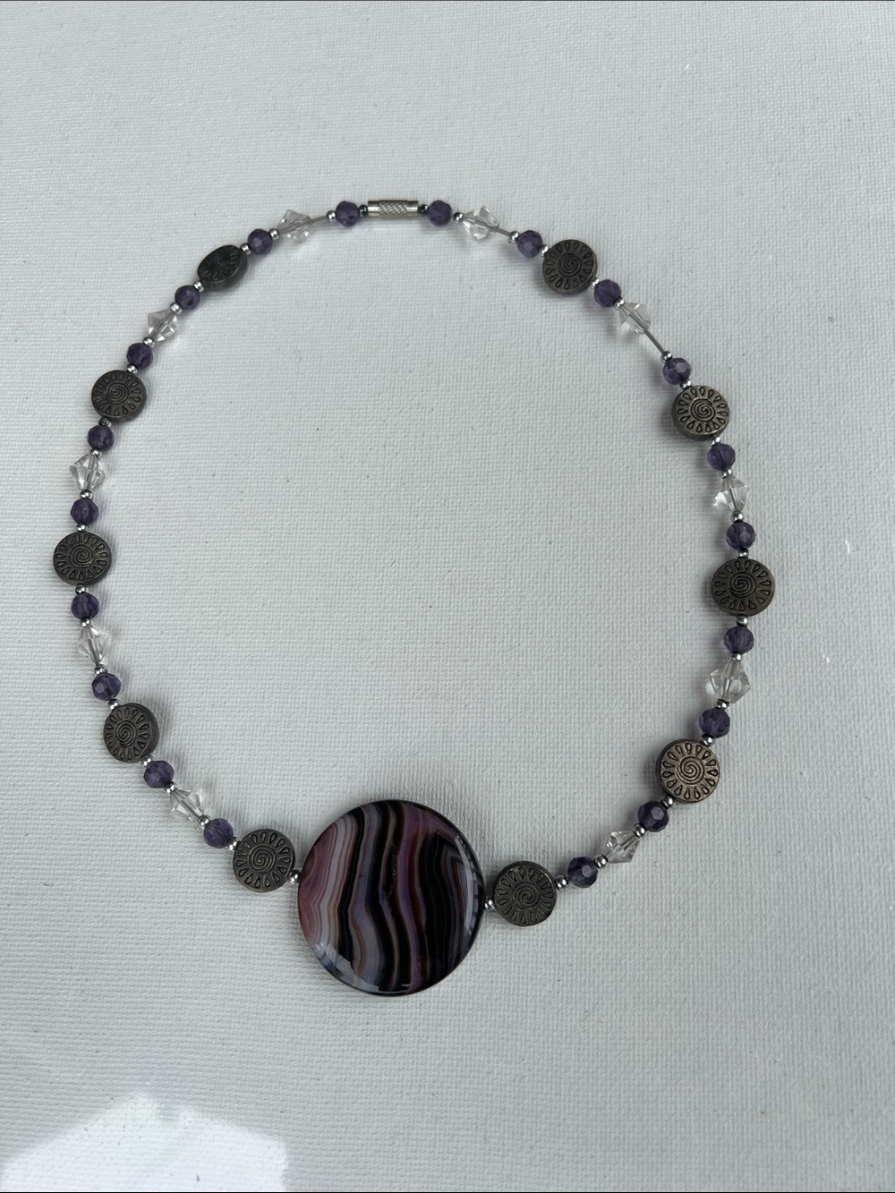 Source Unknown Purple Striped Agate Disc Necklace with Silver Accents